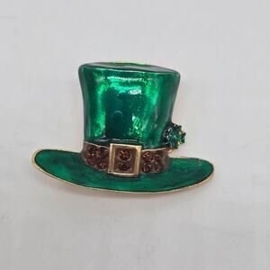 St. Patricks Day Green Enamel Rhinestones Leprechaun Hat Brooch Pendant Gold